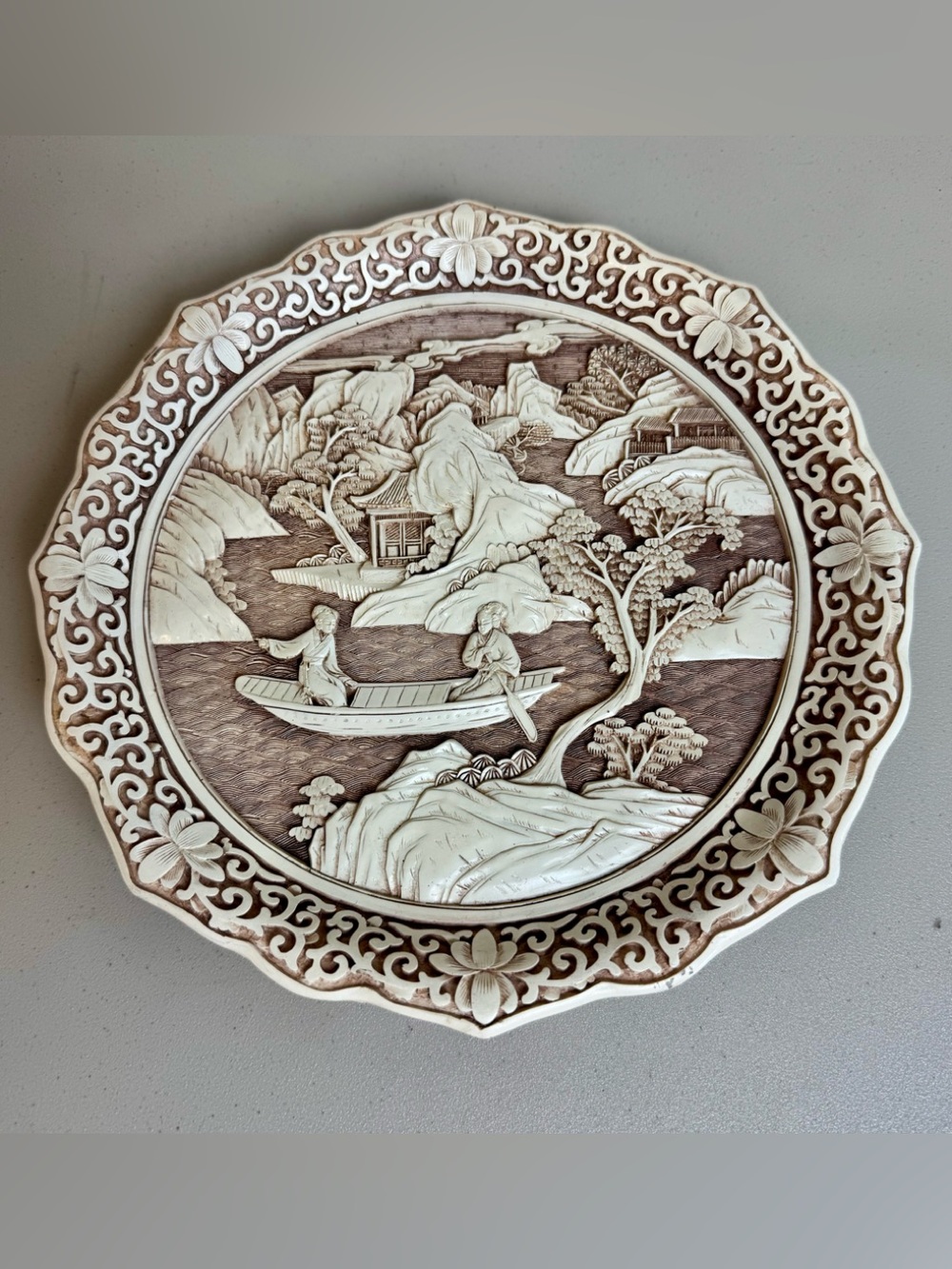 Vintage Ivory Dynasty Plate Carved Resin by Arnart Imports 1982 9.5” D